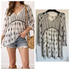 Sheer Boho Tunic Blouse S Cottagecore Festival Peasant Top White Black